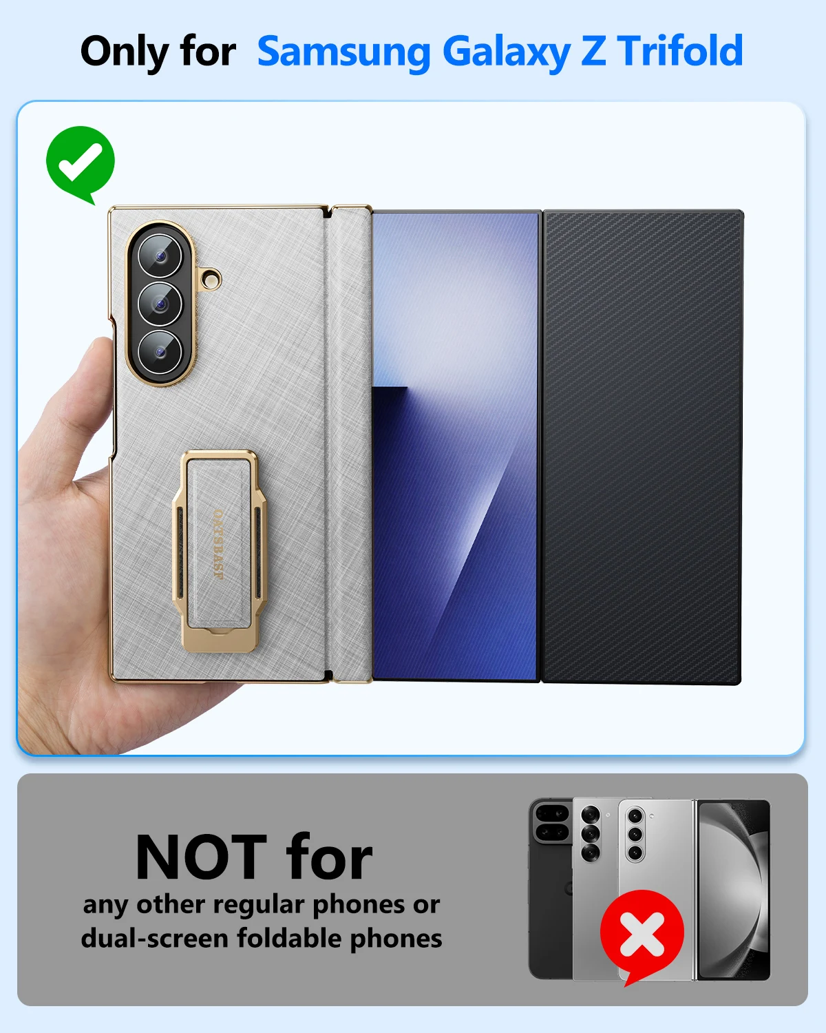 Eary TriFold Phone Case with 360° Rotate Magnetic Grip and Leather Kickstand