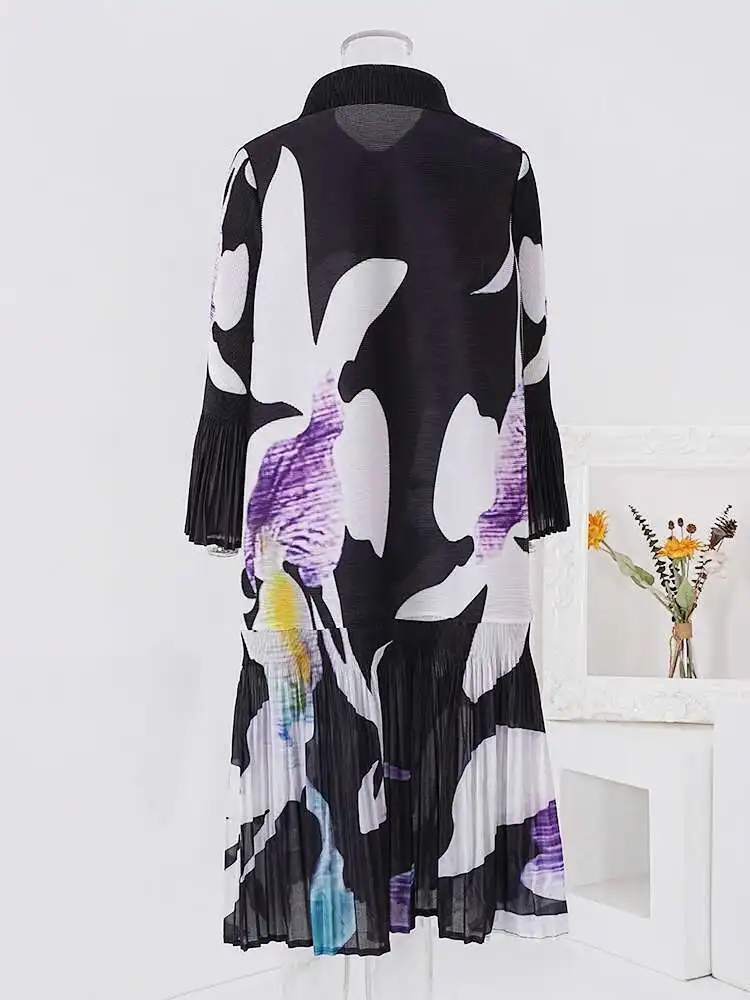 LANMREM 2024 New Pleated Print Dress For Women Fashion Lapel Single Breasted Loose Long Contrast Color Female Dresses 2DA4600 - Image 3