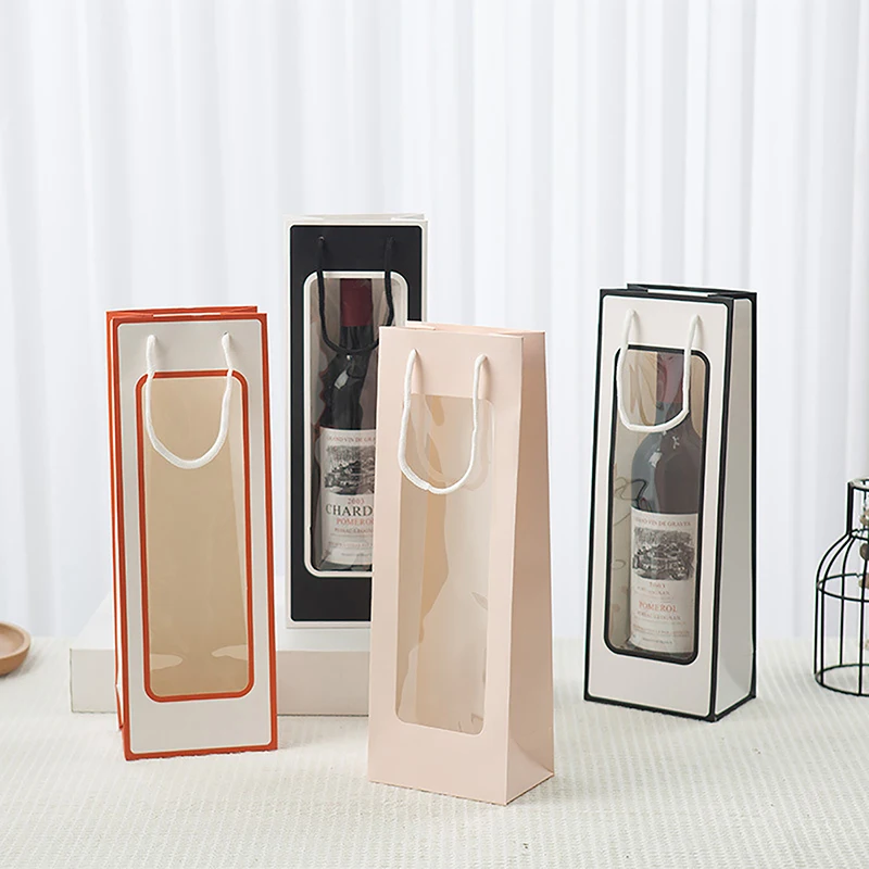Single Bottle Kraft Paper Wine Gift Bag with Transparent PVC Window, Reusable Rectangul... - SKU KPWB2208 - UGI Packaging