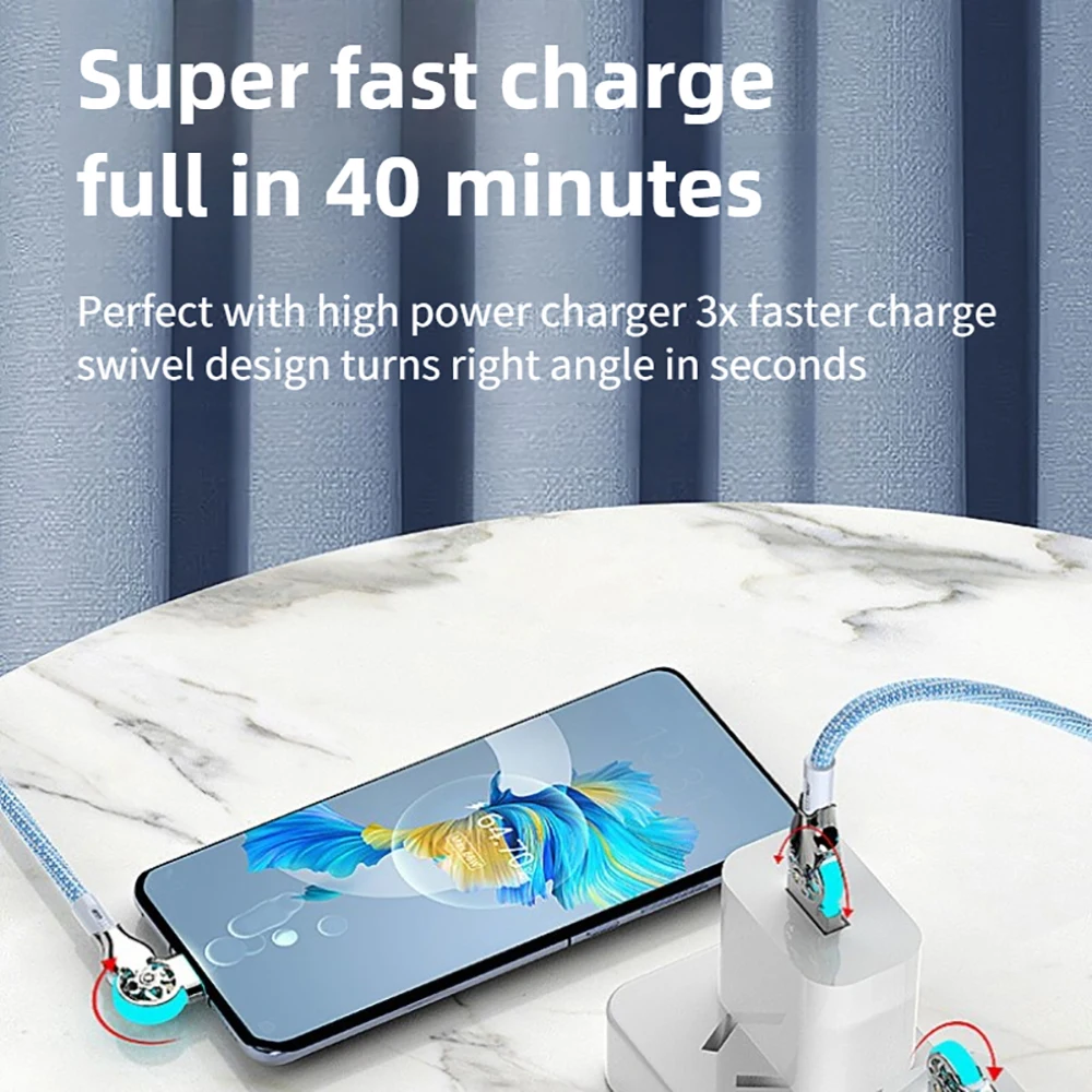 180 Rotatable Fast Charge Cable USB A to Type C Zinc Alloy Braided Cord 3A Data Transfer LED Light for Car Charger Use