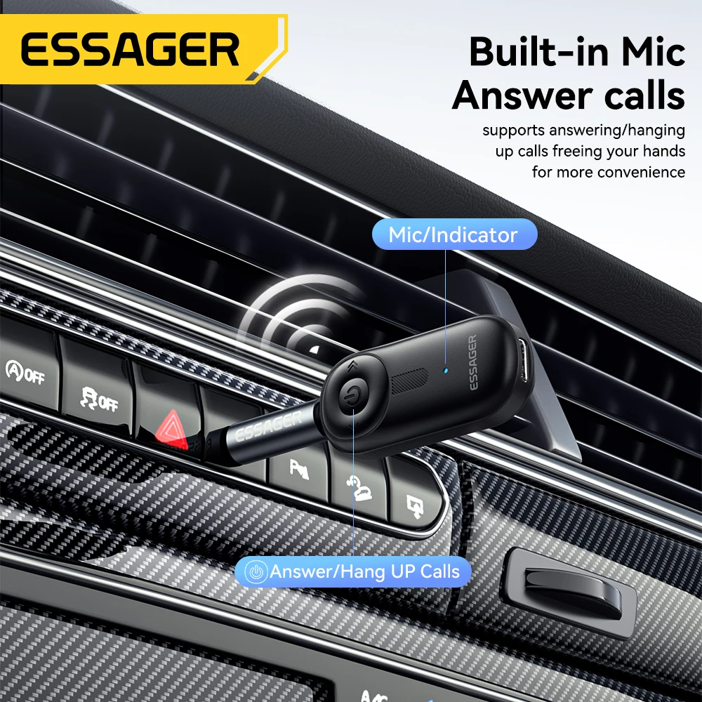 Essager Bluetooth Car Receiver Adapter 3.5mm AUX Jacks for Car Speakers Audio Music Receiver Hands Free Bluetooth 5.3 Adapter