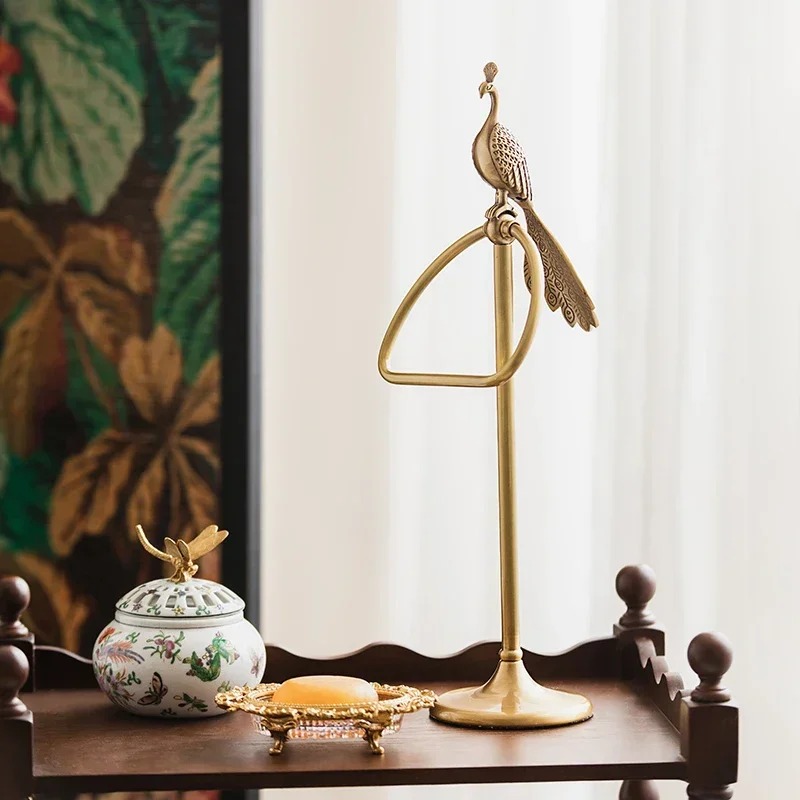 European style light luxury retro brass peacock towel ring bathroom high-end vertical hand towel holder bathroom accessories