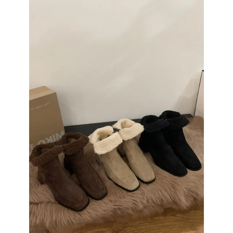

Vintage Thick Heel Snow Boots Women's Shoes 2023 New Autumn and Winter with Thick Wool Boots Short Boots Warm Cotton Shoes