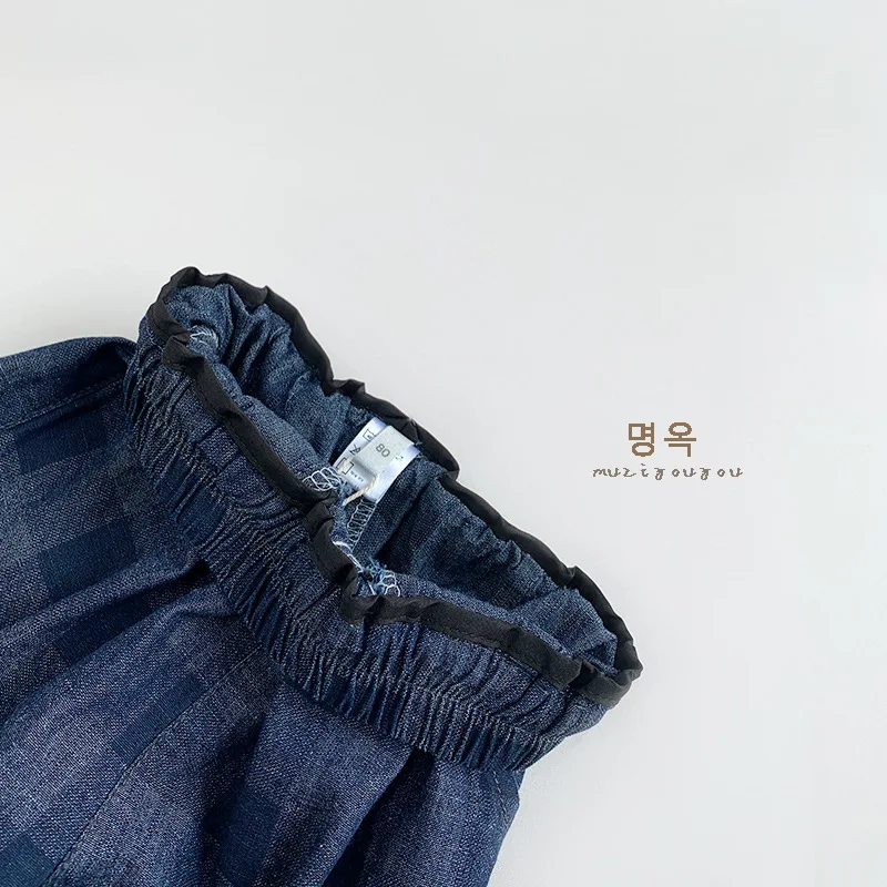 Children's Denim Checkered Pants for Spring 2025, New for Boys and Girls, Korean Version, Japanese Casual Wear, Versatile Pants