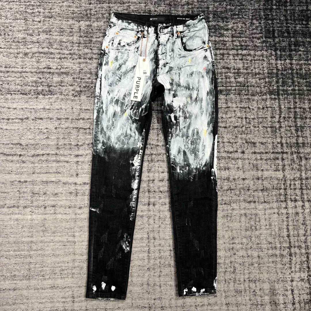 

Purple Brand Luxury Brand Purple Jeans Man Black Y2k High Street Paint Graffiti Pattern Damaged Ripped Skinny Trousers Denim