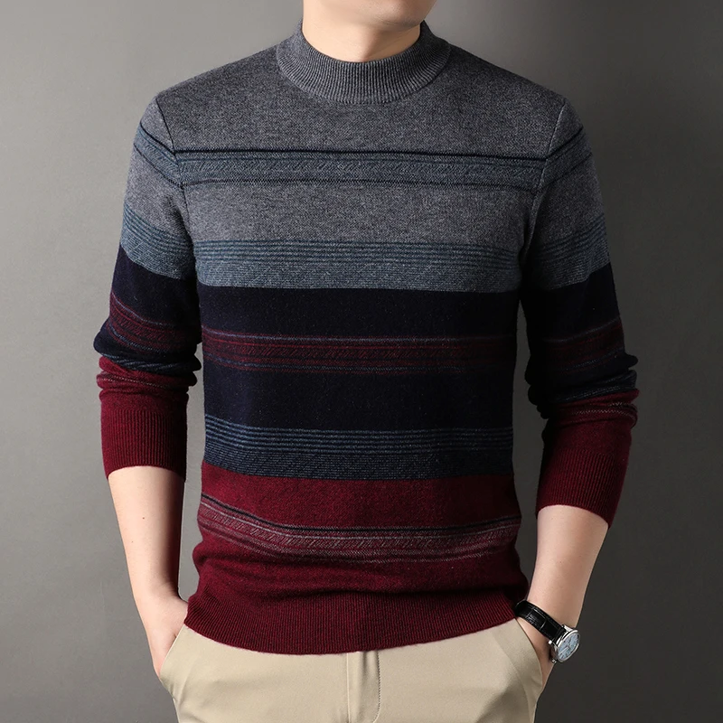 

Sweater 100% Wool Men's Autumn and Winter New Striped Contrast Color Casual Knitwear Korean Fashion Pullover Sheep Fur Sweater
