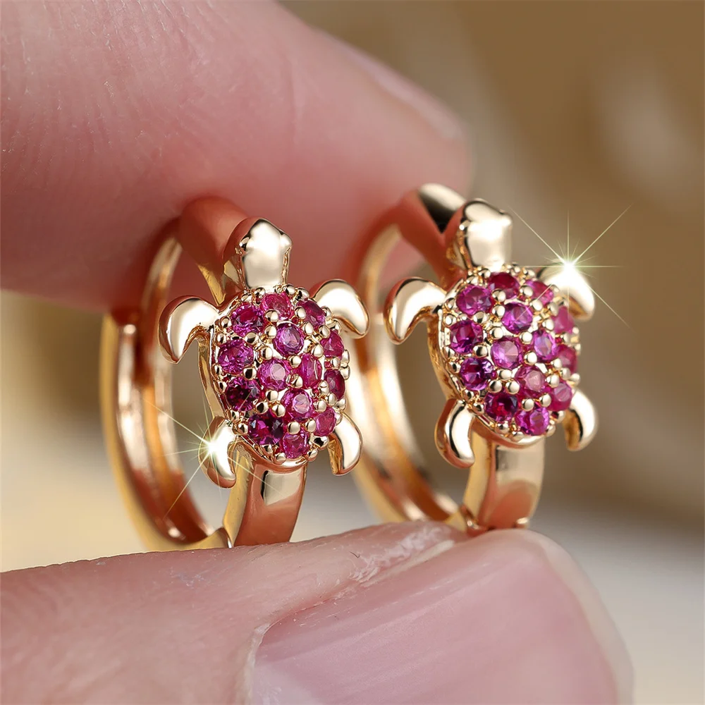 Cute Sea Turtle Rose Red Zircon Hoop Earrings For Women Vintage Gold Color Small Ear Buckle Wedding Jewelry Mother's Day Gifts
