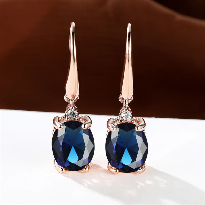 Female Crystal Green Red Oval Stone Zircon Earring Rose Gold Color Long Dangle Wedding Jewelry For Women