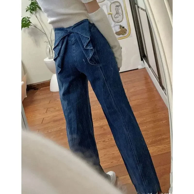 블루 백 빅 활 염색 와이드 레그 팬츠, 스위트 걸 레트로, 다용도 캐주얼, 아메리칸 마이크로 혼, 트렌디 청바지, 용수철 가을