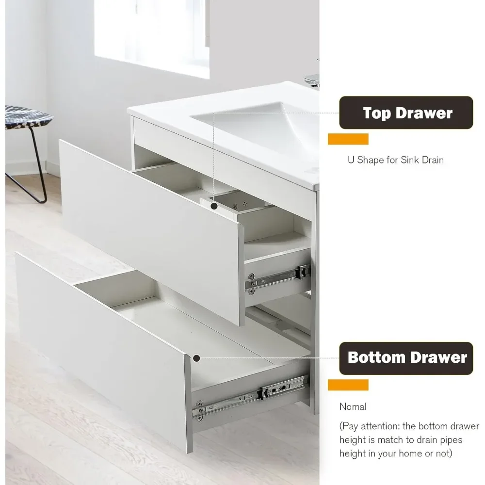 Bathroom Vanity Wall Mounted Floating Vanity Two Drawers Storage Cabinet with White Ceramic Integrated Sink 5