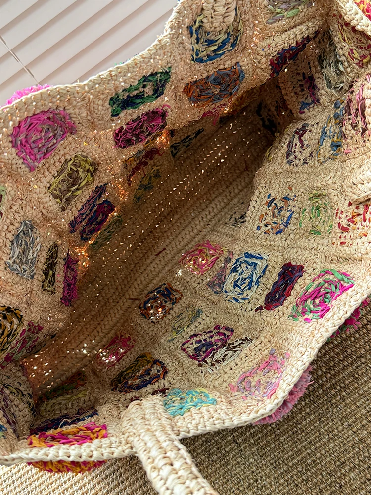 Bohemian Lafite Square Staw Handbags Casual Paper Woven Handle Women Hand Bags Handmade Summe Beach Bag Large Tote Purse