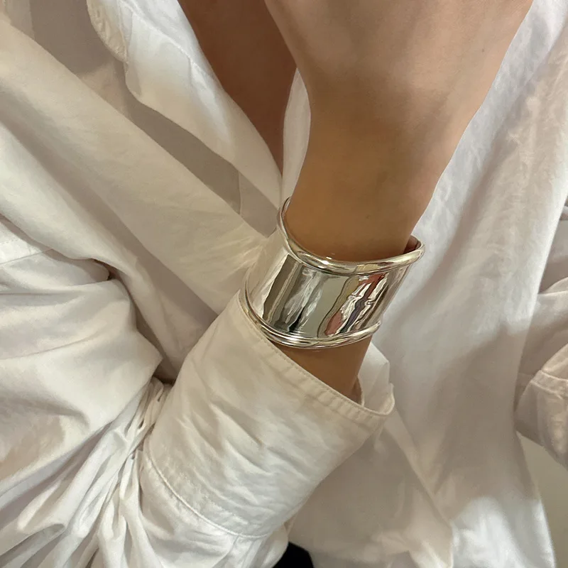

Silvology Genuine 925 Sterling Silver Concave Wave Wide Bangles for Women Industrial Style Stylish Female Bracelet Fine Jewelry
