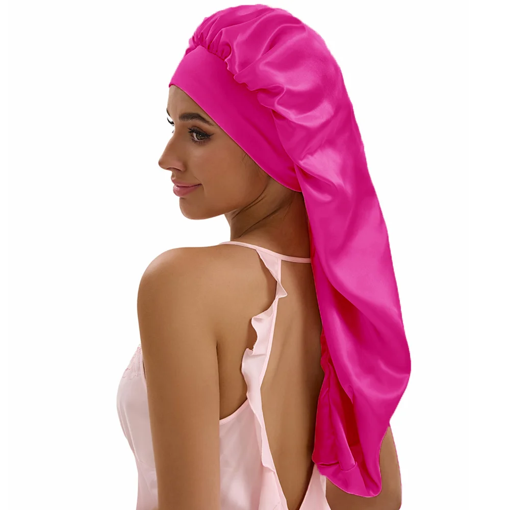 Damen Lange Satin-Schlafmütze - Extra Große Seiden-Haarabdeckung für Locken und Zöpfe, Elastische Breite Band-Nachtmütze – Detail 7