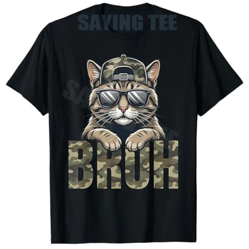 Bruh Cat Trash Cat Camo-Mütze für Jugendliche und Teenager, passendes Camo-T-Shirt für Jungen, Y2k, niedliches Camouflage-Kätzchen-Grafik-T-Shirt mit Witzsatz, Neuheit