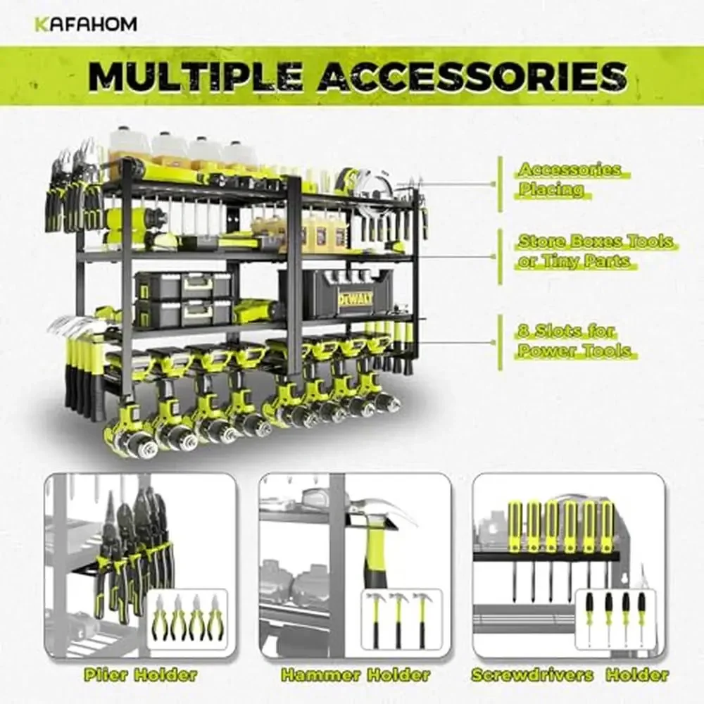 Power Tool Organizer Wall Mount 4 Layers Drill Holder Rack Garage Tool Storage Metal Shelf with Hammer Pliers Screwdriver Holder 2