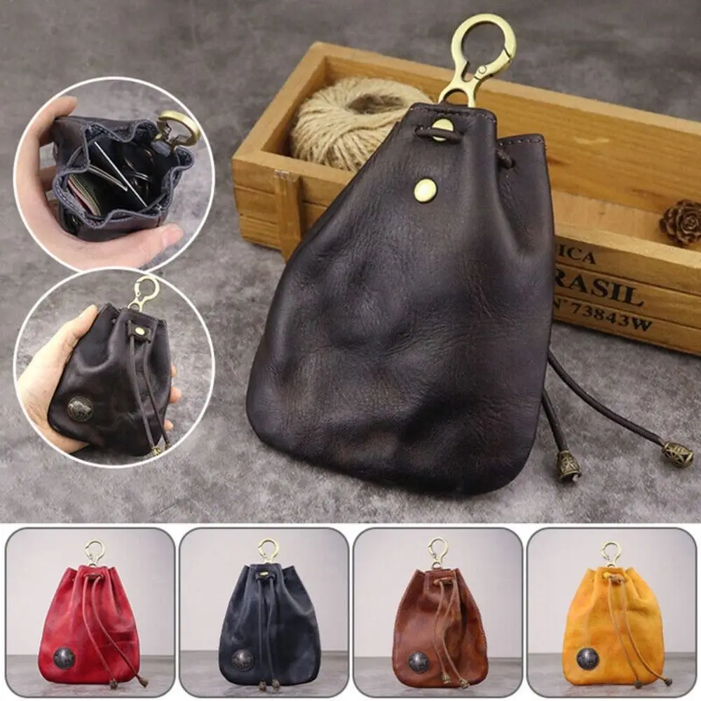 Coin Purse Coin Wallet Upper Leather Coin Purse Pouch Simple Retro Solid Color Car Key Bag Drawstring Wallets Men