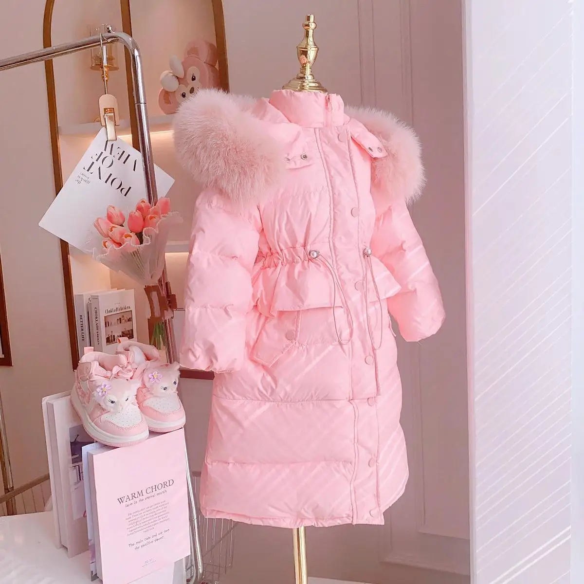 Winter Girls Down Clothes Fashion Long Fur Hooded Cotton Padded Jacket Kids Warm Slim Waist Children Outerwear XMP390