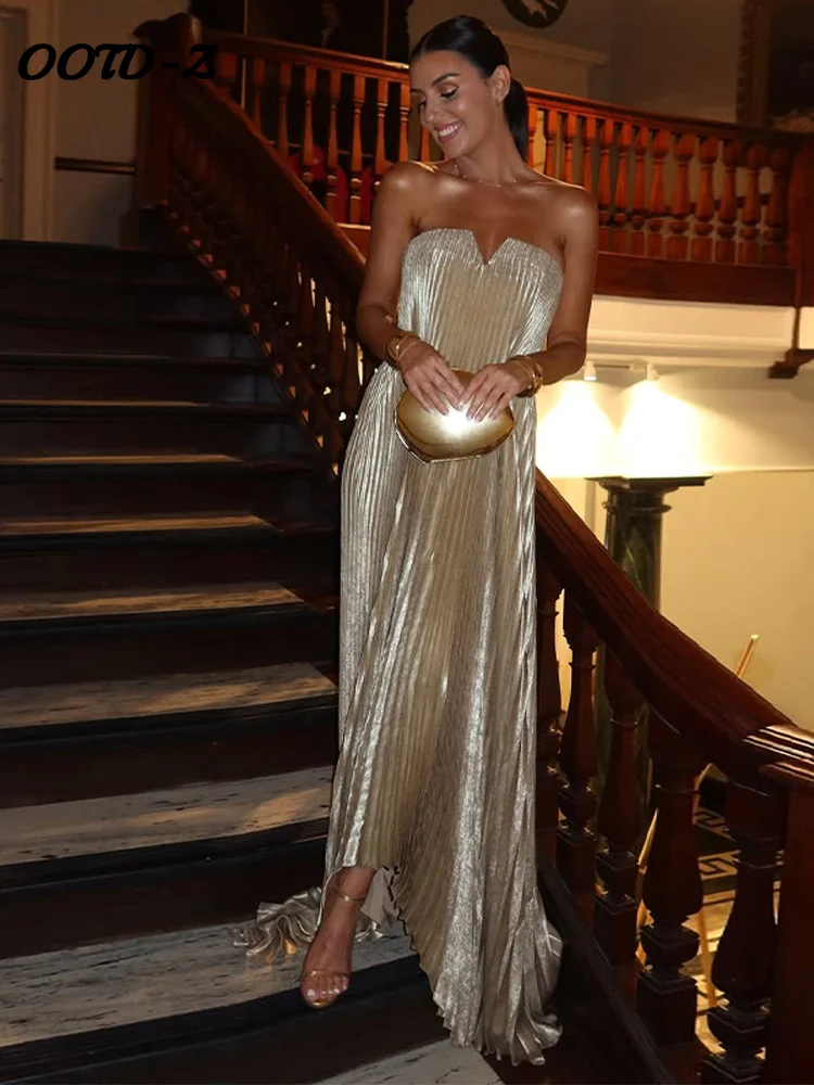 Womens Dresses Gold Tube Dress Sexy Gold Pleated Long Party Dress