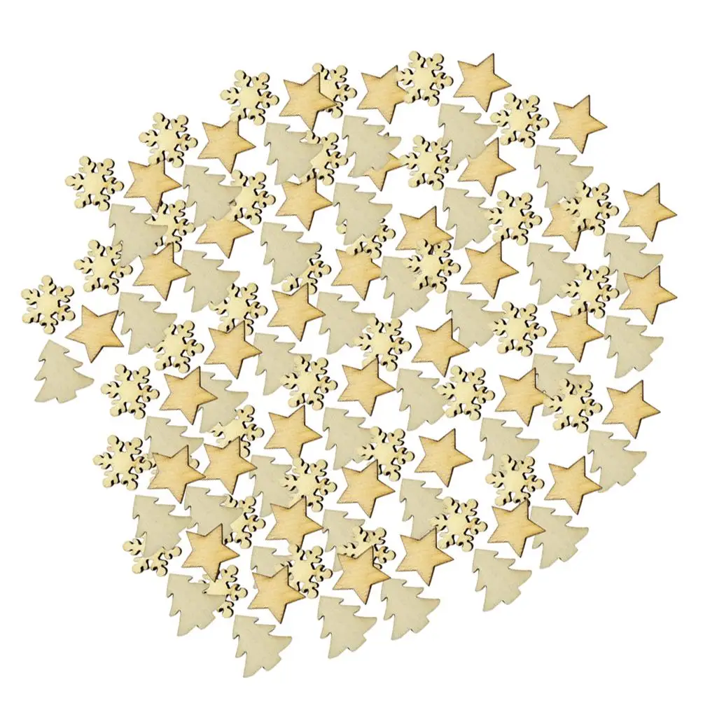 2-4pack 100 Pieces Assorted Wood Star Christmas Tree Snowflake Embellishments