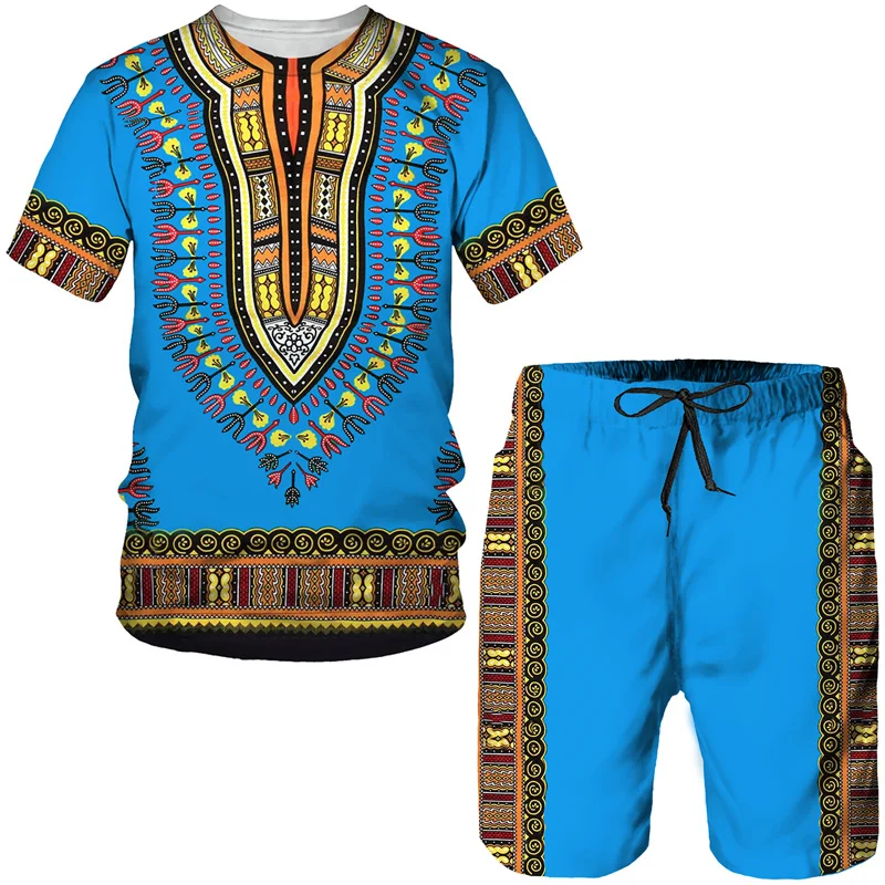 

African Print Couple Clothes Dashiki Ethnic Style Tee/Set Traditional Wear Street Clothing Vintage Men Women T-Shirt&Shorts Suit
