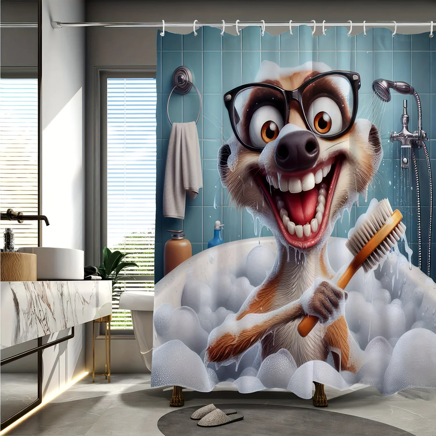 Cute Cartoon Ferret Bath Time Shower Curtain Waterproof Polyester, Machine Washable with Hooks Included, Perfect for All Seasons 3