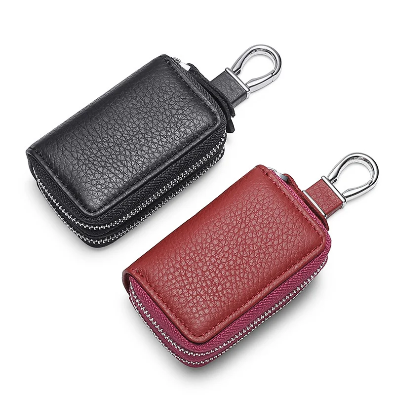 key bag genuine leather keychain unisex multifunction organizer wallet holder smart housekeeper car small key case keys pouch Cow Leather Key Bag Vintage Unisex Bags Case Cover Car Keychain Housekeeper Holders Double Zipper Simple Solid Wallet Organizer