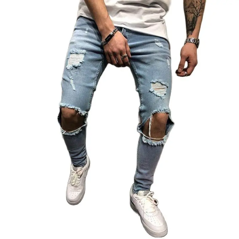 

11098 European and American New Cut Hole Slim Fit Men's Pants Men's Popular Leggings Jeans