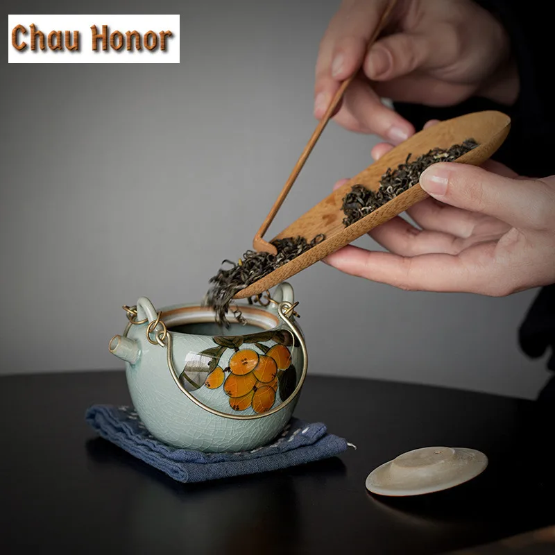 150ml Borneol Glaze Ceramic Teapot Pure Handpainted Loquat Art Tea Making Lifting Beam Pot With Fitter Household Kung Fu Teaware