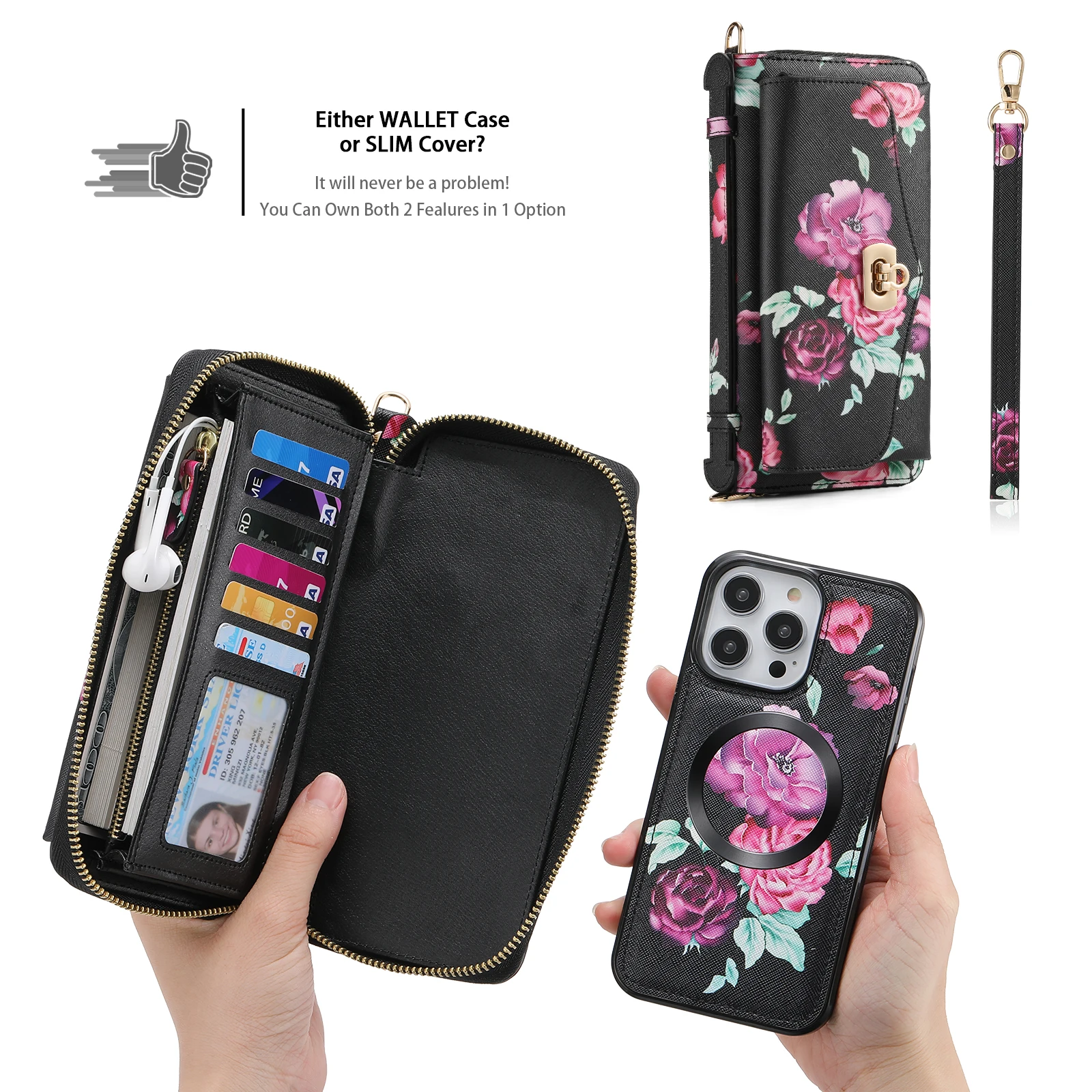 Zipper Detachable Magnetic Leather Wallet Case with MagSafe Charging Capability