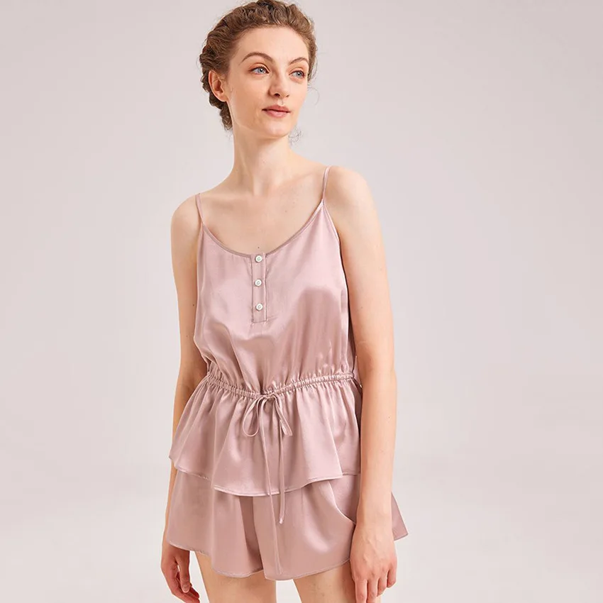 

Shirt Shorts Pajamas Set Women Solid Color Sling Round Neck Sleepwear Nightwear Silk Sleep Suit Home Clothing Vest 2Pcs
