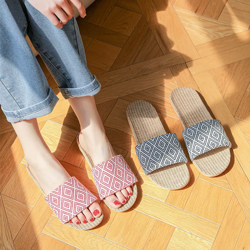 Unisex New Women Indoor Floor Flat Shoes Spring Autumn Couple Linen Flip Flops Home Slippers Female Slipper Comfortable Slides — view 2