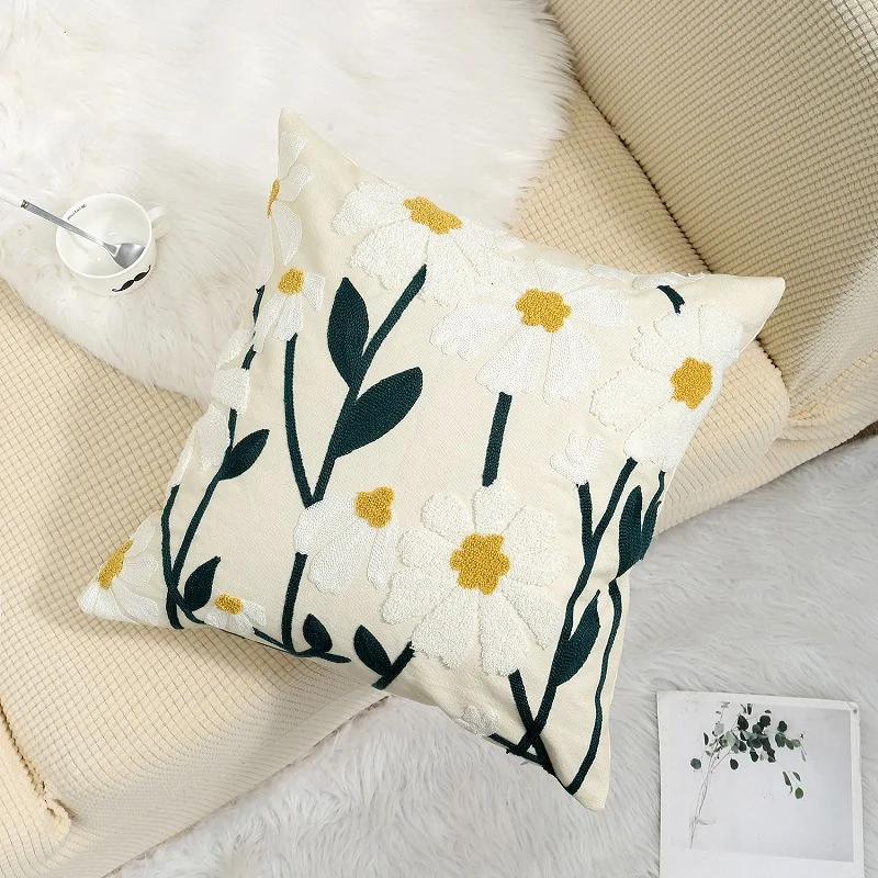 Rustic Floral Embroidered Canvas Cushion Cover