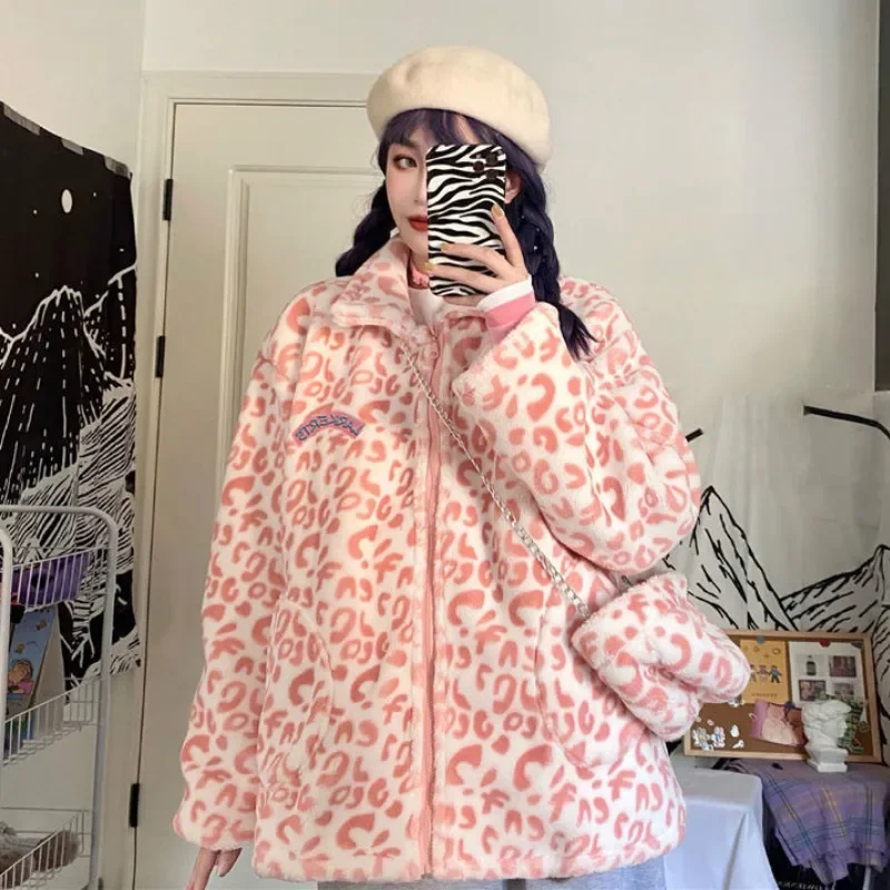Harajuku Jackets Women Ins Fashion Chic Pink Leopard High Street College Teens Outwear Daily Casual Zipper Popular Lady Overcoat