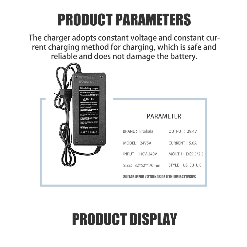 LiitoKala 29.4V 2A/5A 7S Lithium Battery Charger for 24V 5A Lithium Battery Pack