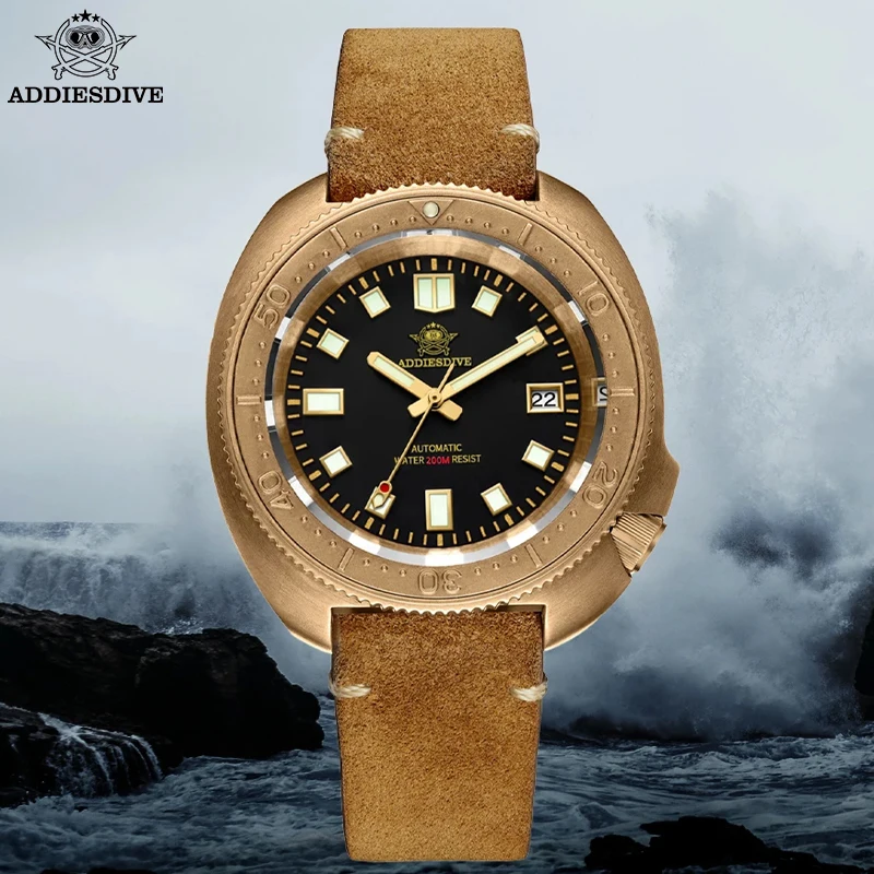 ADDIESDIVE CUSN8 Bronze Case Automatic Mechanical Watch NH35A Sapphire 20Bar Diving WristWatch Vintage Leather Luminous Watches