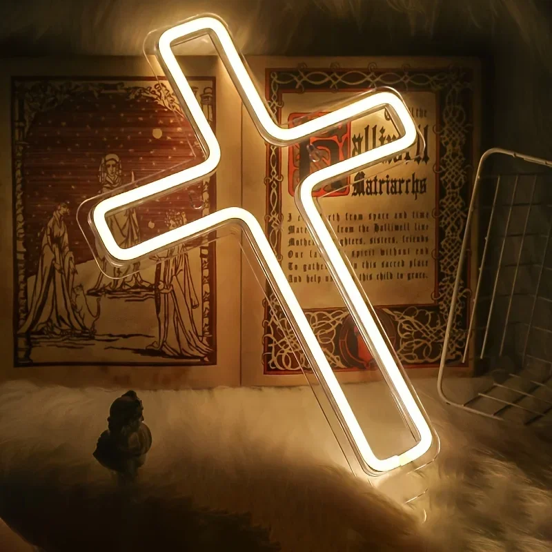 Insegna al neon con croce di Gesù, luce a LED per decorazione artistica da parete, camera da letto, decorazione cristiana, stanza dei bambini (rosso