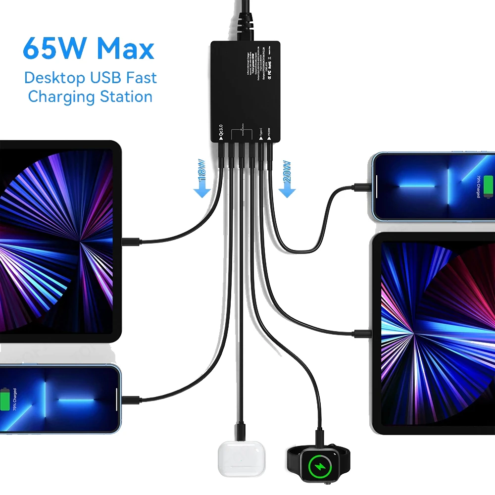 Eonline 3D Cat 65W Multi USB Charger QC3.0 PD 20W Fast Charger Desktop USB C Charging Station Adaptor For iPhone 15 Pro Samsung