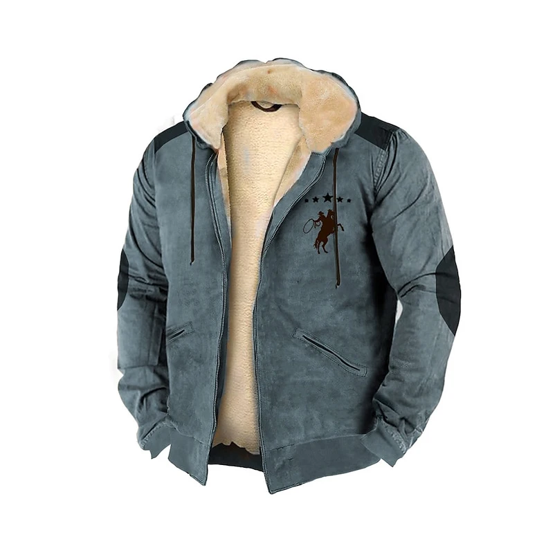Winter Men's Zip-up Hoodies Fleece Coat Jackets Ride A Horse Cowboy Sweatshirts Outerwear Streetwear Long Sleeve Cardigan Hooded