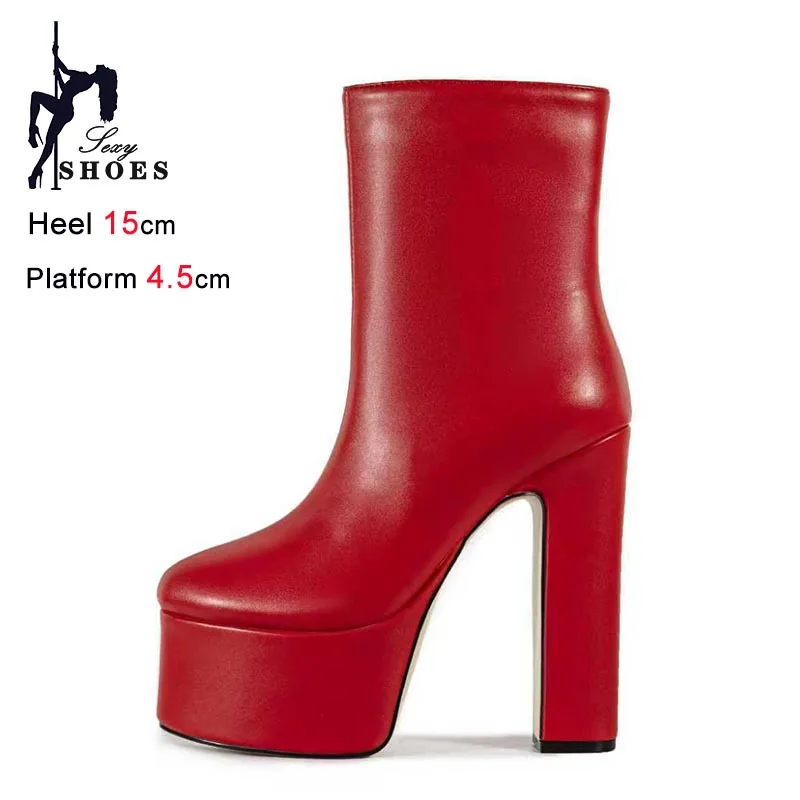Autumn Winter Women Short Boots Red 15cm Super High Heels Thick Soled Ankle Boots Casual Side Zipper Lady Shoes Coarse Heel Boot
