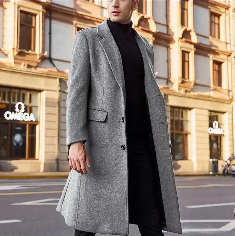 British Style Men Long Trench Coat Woolen Coat Men's Autum Winter Solid Color Warm