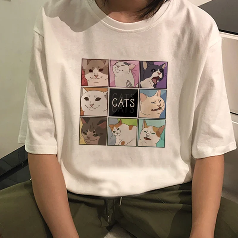

Cute Cat Spoof Dropshipping Tops Tees Casual Ins Cartoon Loose Harajuku Women Shirt Album Clothes Cotton Vintage Short Sleeve