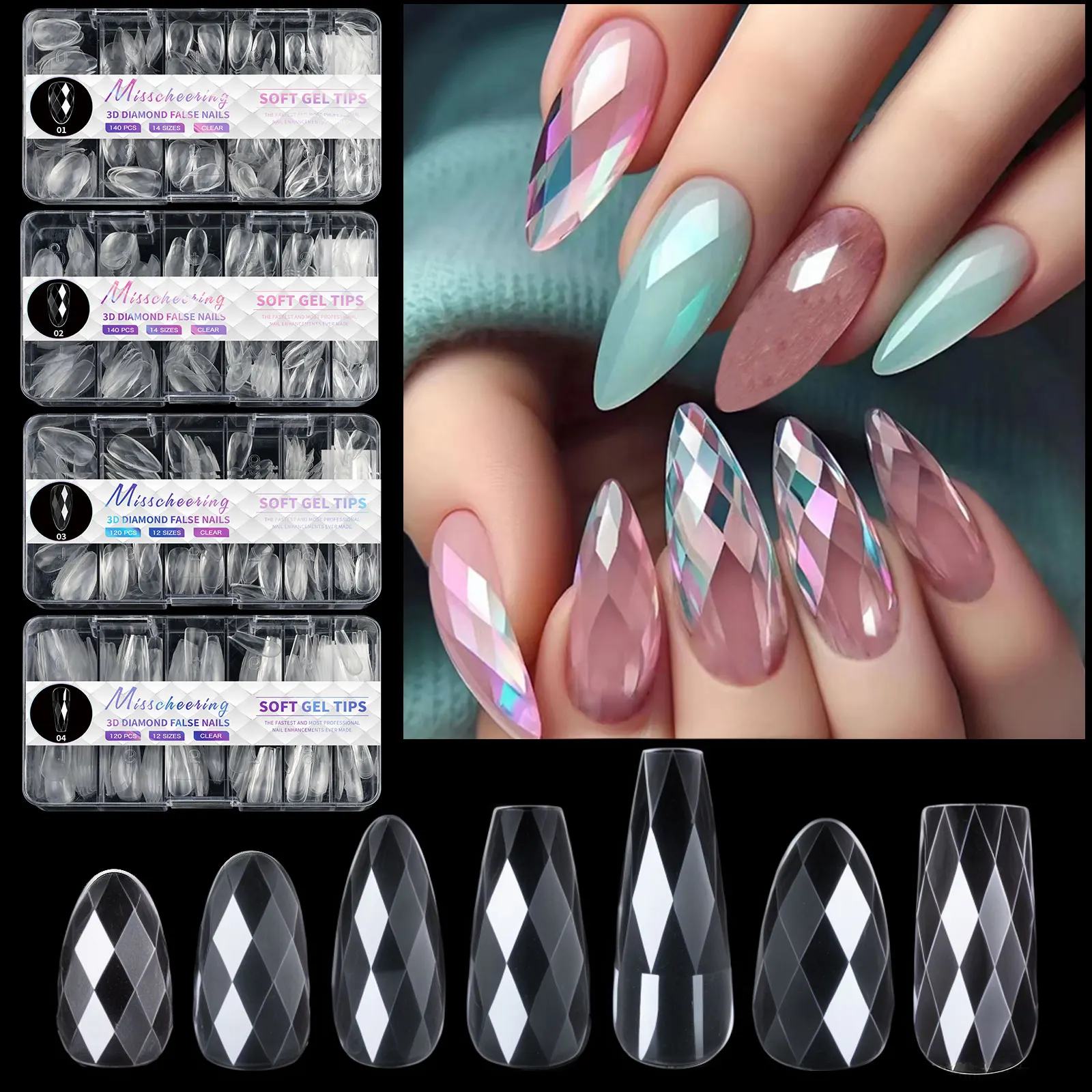 Fake Nails 3D Diamond Almond Ballet Coffin Clear Press On Nails For Acrylic Gel Reusable 120/140Pcs DIY Nail Supplies