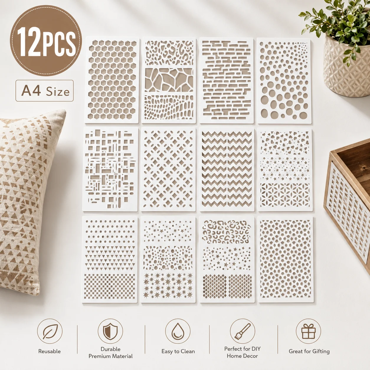 12PCS A4 기하학적 패턴 스텐실 8.3 x 11.7인치 플라스틱 페인팅 템플릿 ..