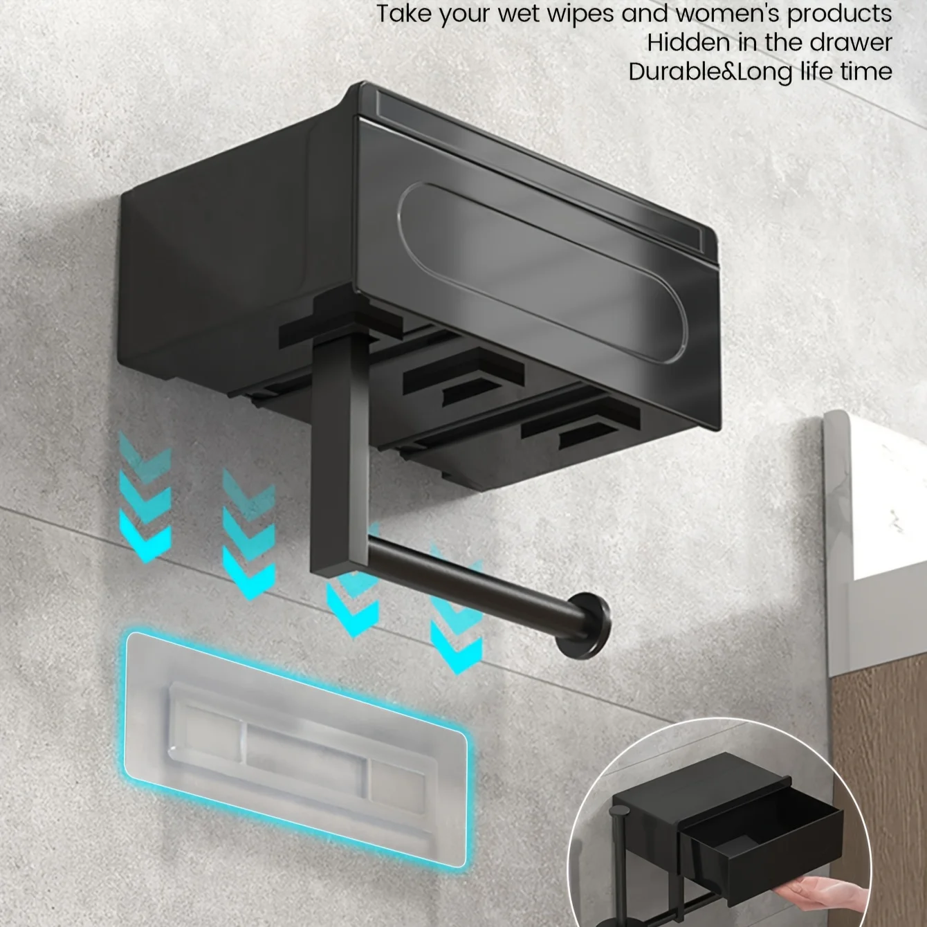 1pc Sleek Black Wall - Mounted Toilet Paper Holder with Shelf - No - Drill, Durable Bathroom Organizer for Essentials 6
