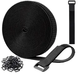 Adjustable Nylon Velcro Strap Kit with 25 Buckles - 0.8 x 16.4ft, Reusable Hook and Loop Fastening Solution (Black)
