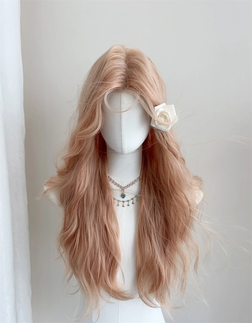 Pink Gold Synthetic Long Straight Wig with Bangs for Women
