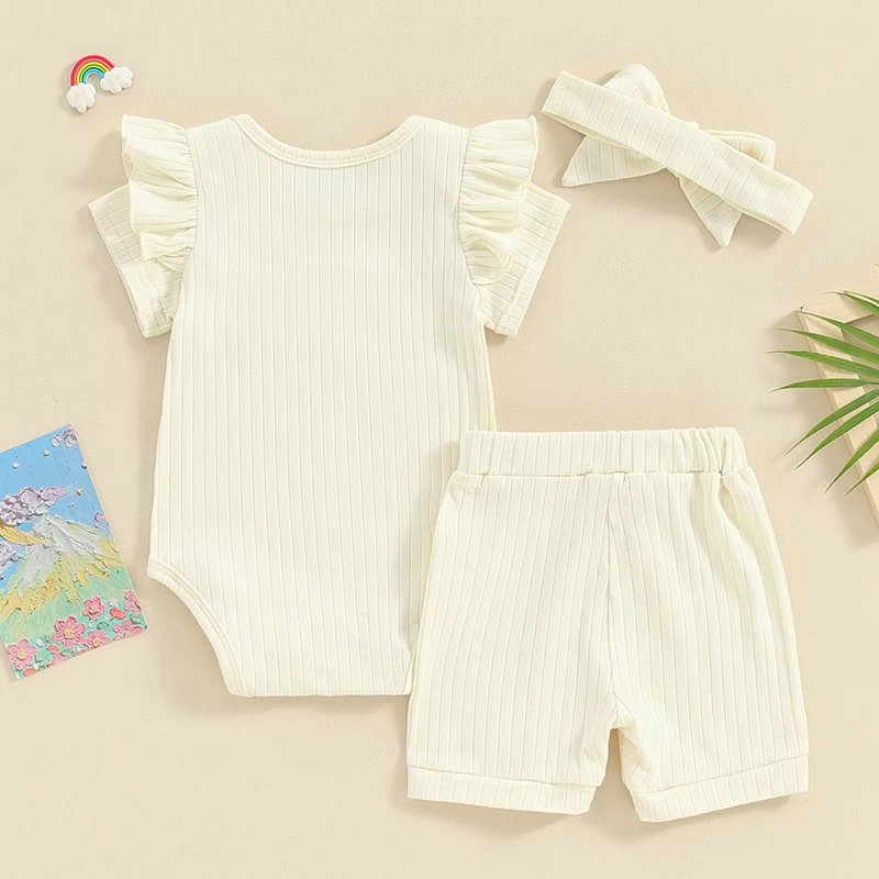 

Newborn Infant Baby Girl Summer Clothes Rib Frill Short Sleeve Romper Shorts Headband 3pcs Outfit Set