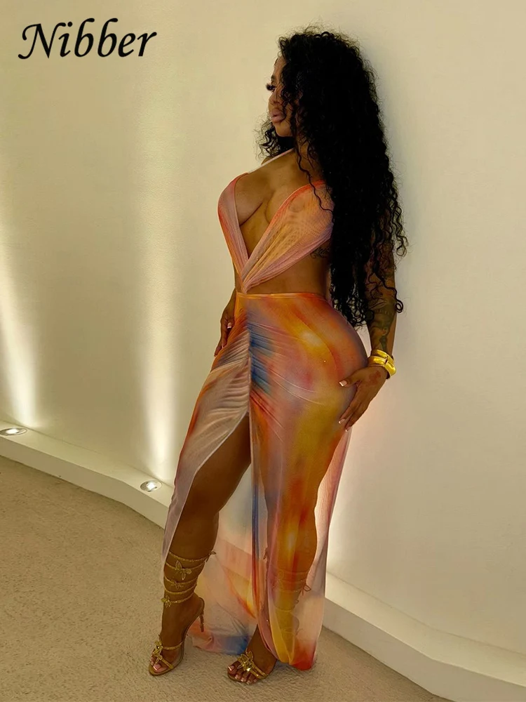 Nibber See Through Irregular Ruched Dress Women Sexy Mesh Colorful Gradient Trend Cross Backless Split Hollow Stretch Bodycon