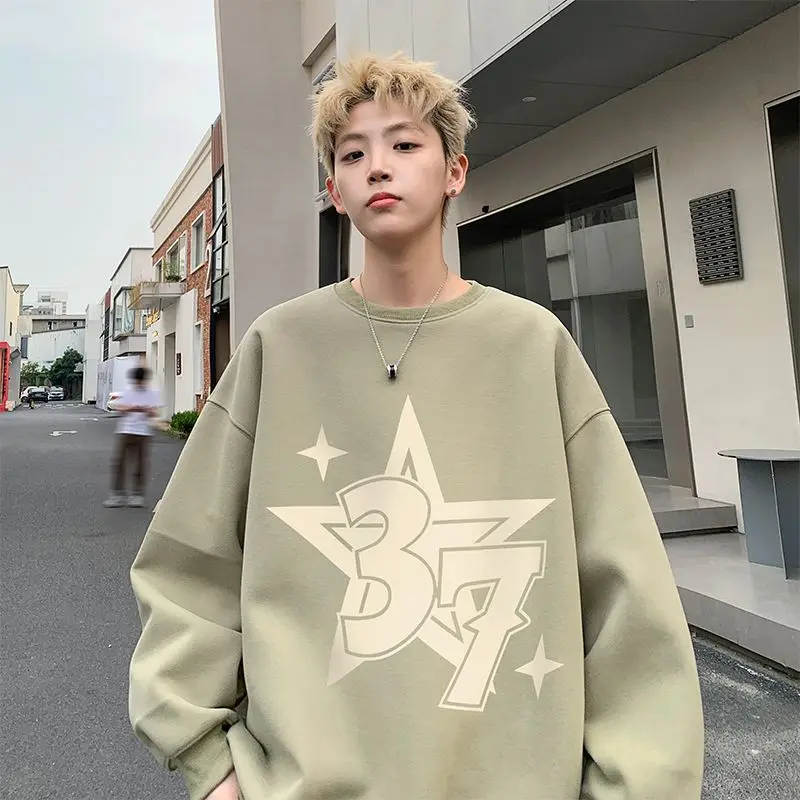 

American Vintage Sweater Men's Autumn Youth Korean Fashion Print Casual Round Neck Pullover Top Clothing Vintage Streetwear