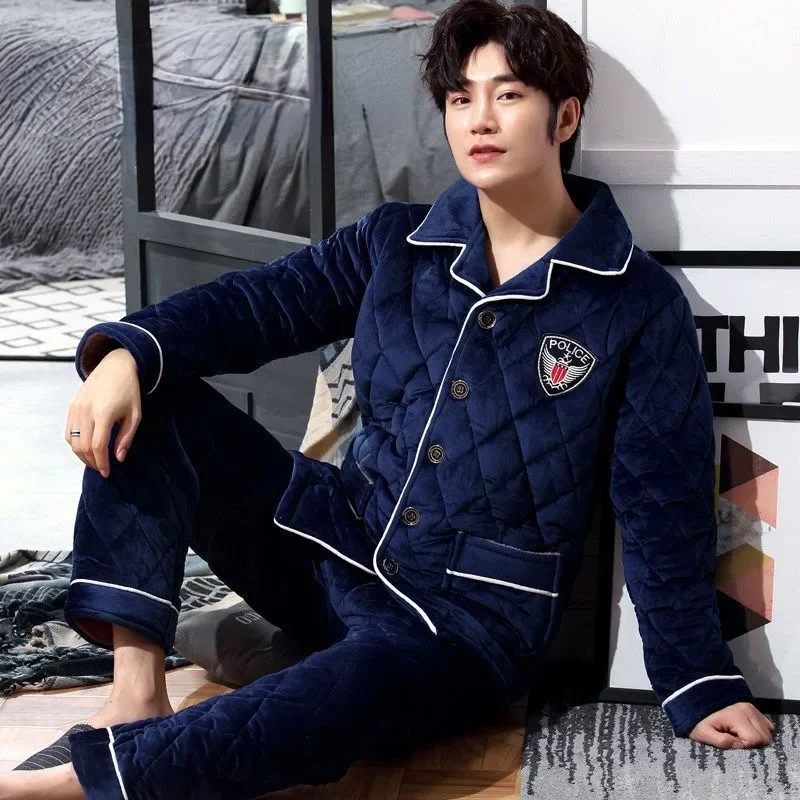 2024 New Pajama Men Winter Quilted Loungewear Plus Thick Velvet Sleepwear Three Ply Cotton Flannel Nightwear Warm Homewear Suit
